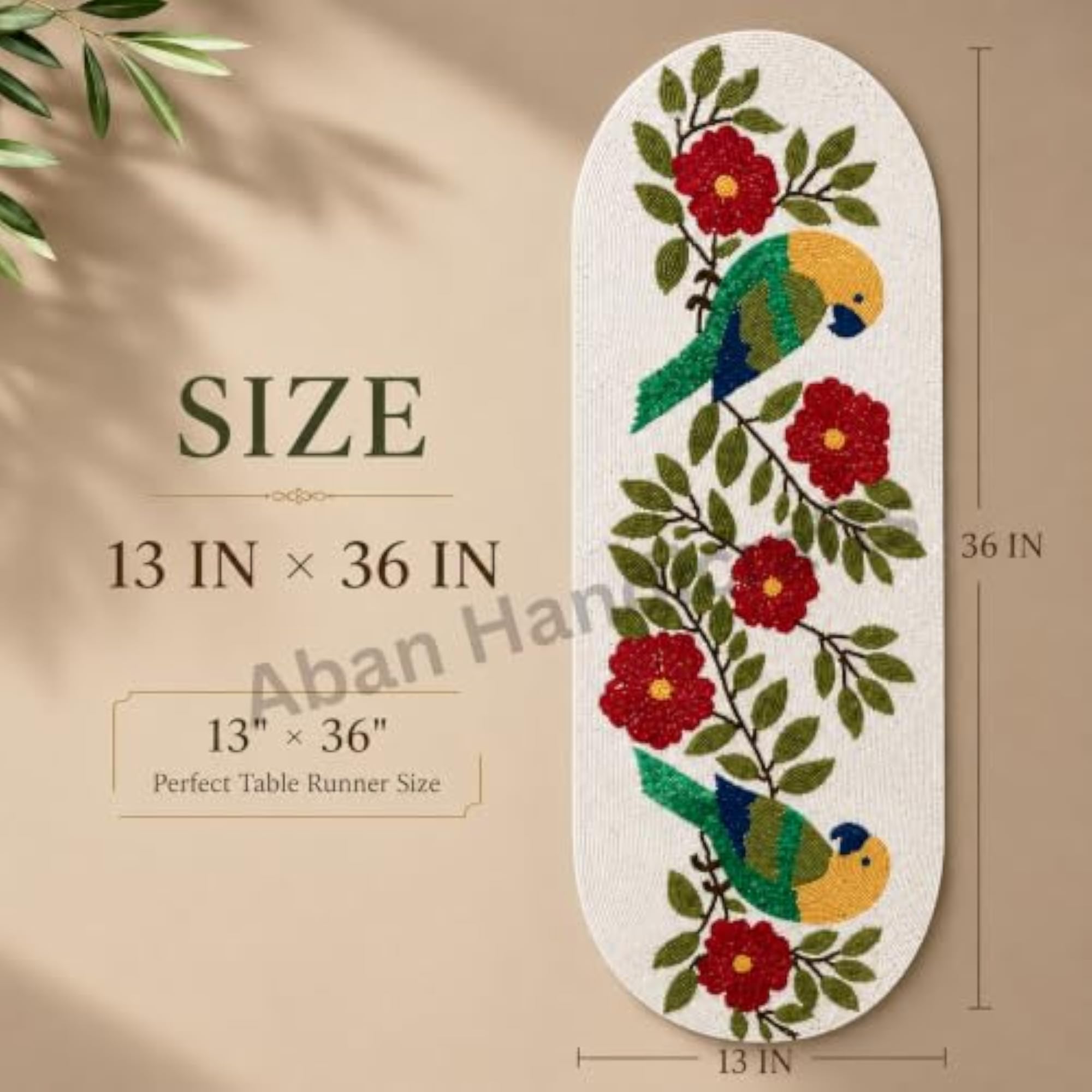 Handmade Beaded Table Runner, Floral Embroidered Design